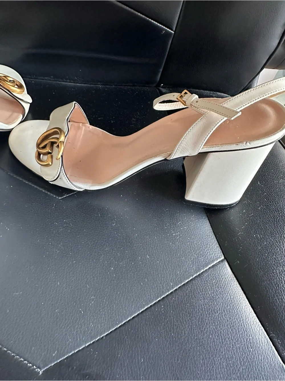 Authentic Gucci White Leather GG Horsebit Strap Heeled Sandals